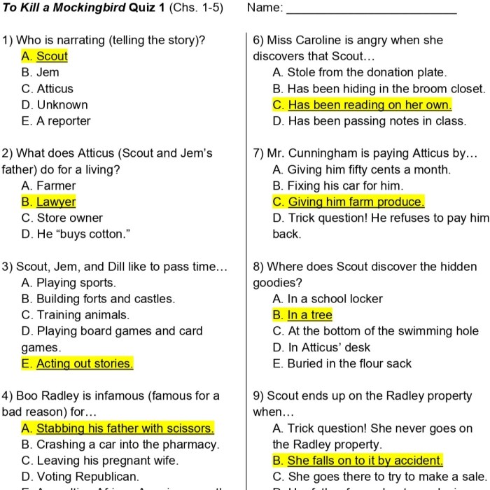 To kill a mockingbird chapter 1 quiz